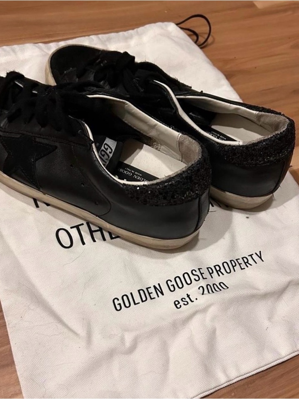 Golden Goose Black Leather Low-Top Sneakers with Glitter Heel
